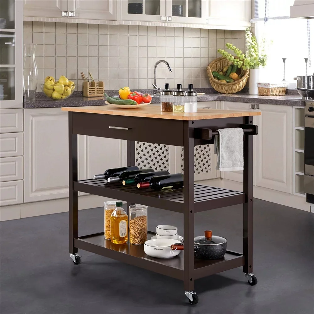 

Wooden Kitchen Cart with Storage Shelves and Drawer, Espresso/Oak