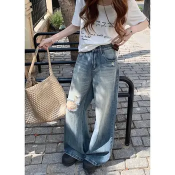 Jean droit taille haute décontracté ample à jambe large pour femme, style américain, en denim bleu déchiré, idéal pour l'été