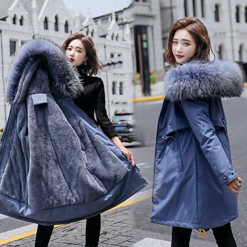 

2022 Winter New Thick Cotton Coat Women's Inner Plus Velvet Parka Women's Long Section Large Fur Collar Down Plus Size Outerwear