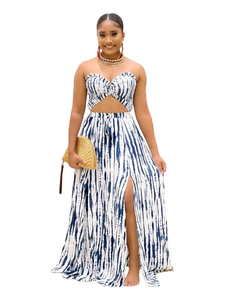 Wmstar Women Two Piece Set Summer Sexy Trendy Navy Blue Crop Top High Waist Side Slit Pleated Skirt Matching Lady Streetwear