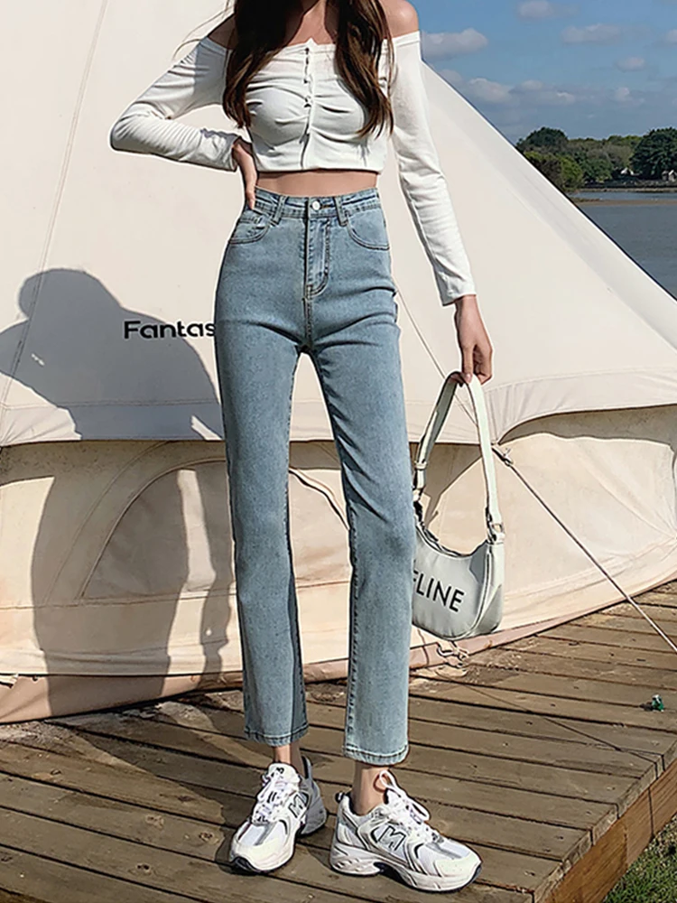 skinny jeans Yitimoky high waist loose wide leg button Low 2022 Summer Ankle length pants Denim pants Vaqueros Mujer Zipper Ladies trouser armani jeans