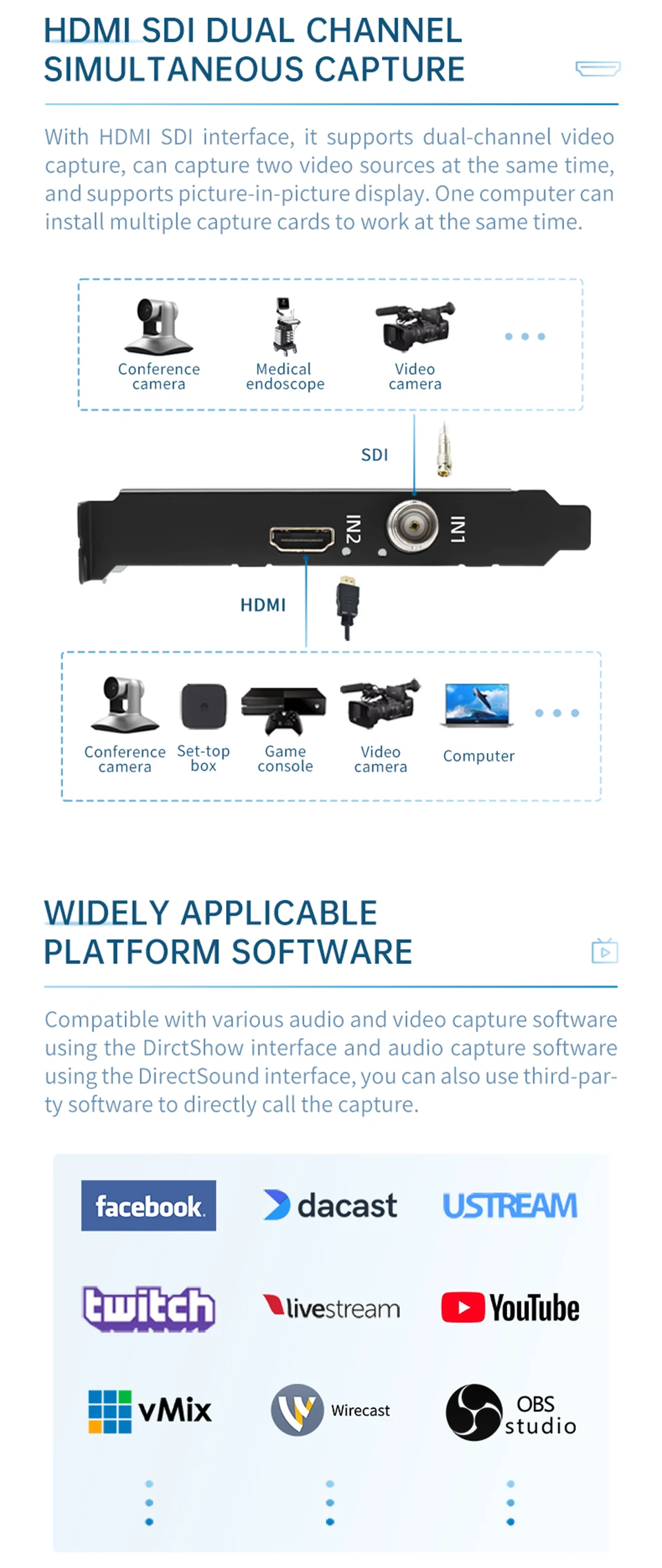 Zoom 1080p OBS Vmix Wirecast Streaming 2 Channel HDMI SDI USB PCI Express HD Vid