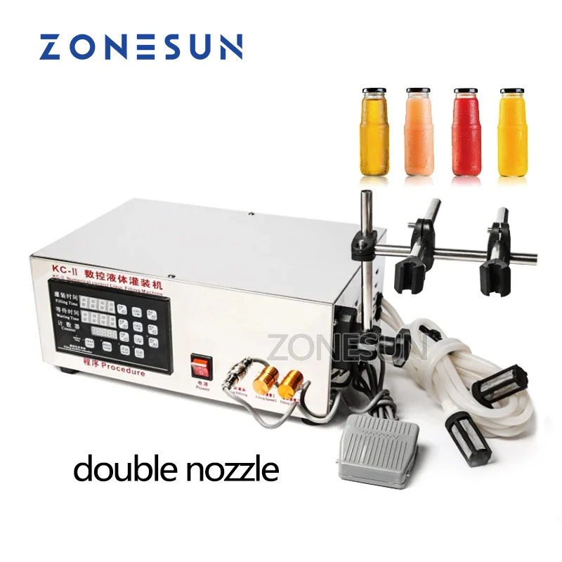 ZONESUN Digital Control Semi-Automatic 2 Nozzles Small Water Filler Price Food Beverage Machinery Liquid Filling Machine