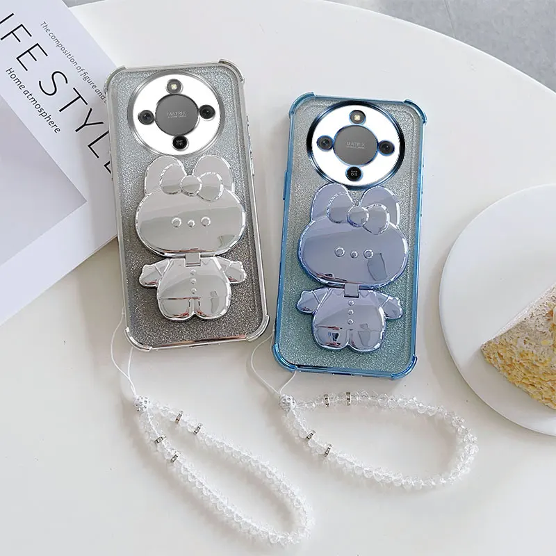 Shockproof Phone Case with Rabbit Makeup Swivel Stand and Crystal Lanyard