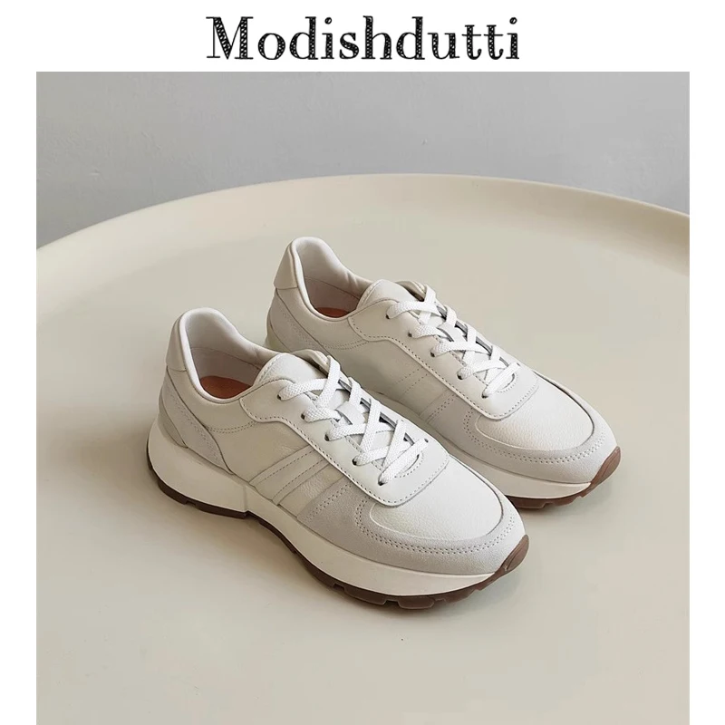 

Modishdutti 2024 Spring Autumn Women Fashion Round Head Genuine Leather Simple Flats Shoes Female Solid Casual Lacing Sport Shoe