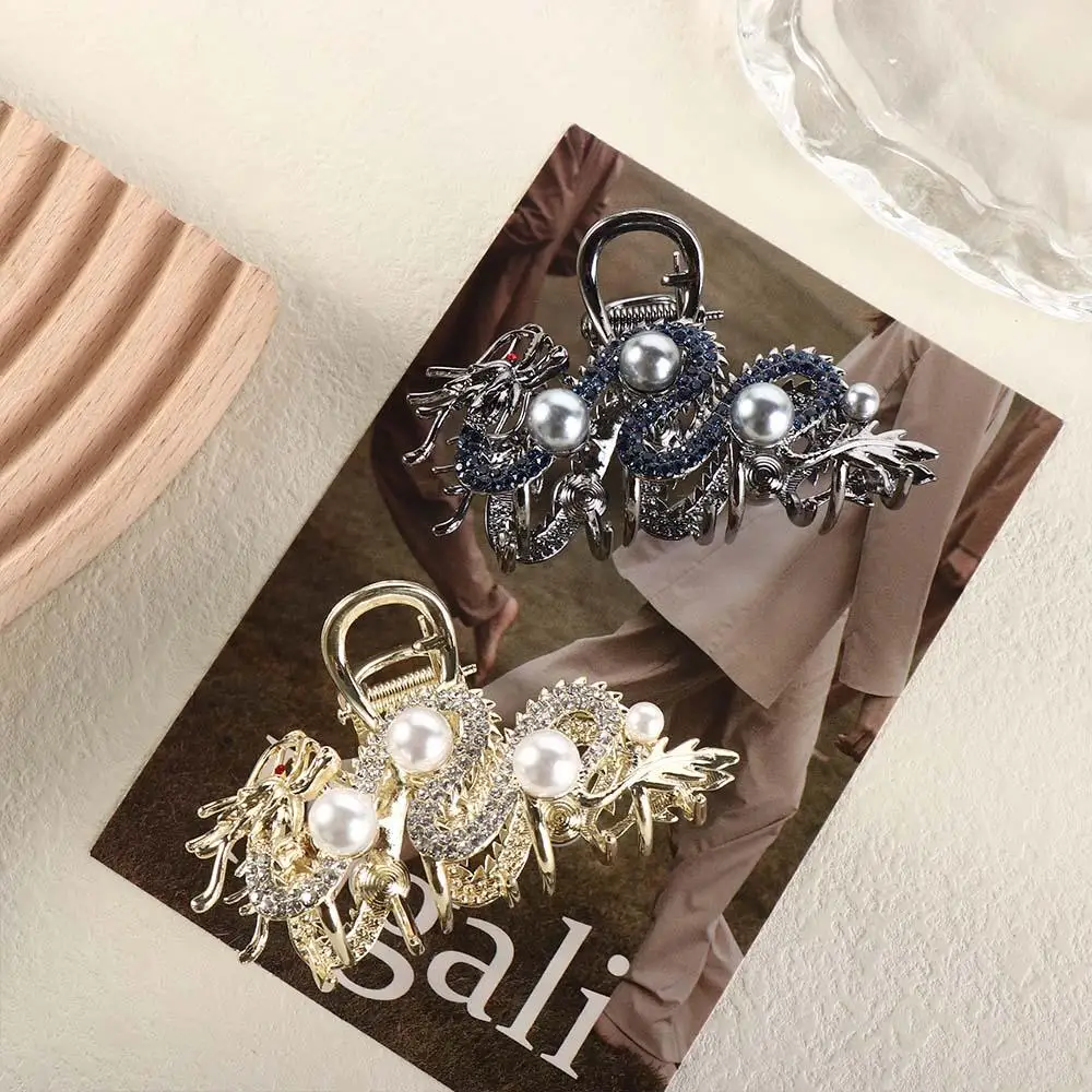 Zodiac Dragon Hair Clip Personalized Creative Chinese New Year Hair Accessories Rhinestone Pearl Hair Claw for Women Jewelry