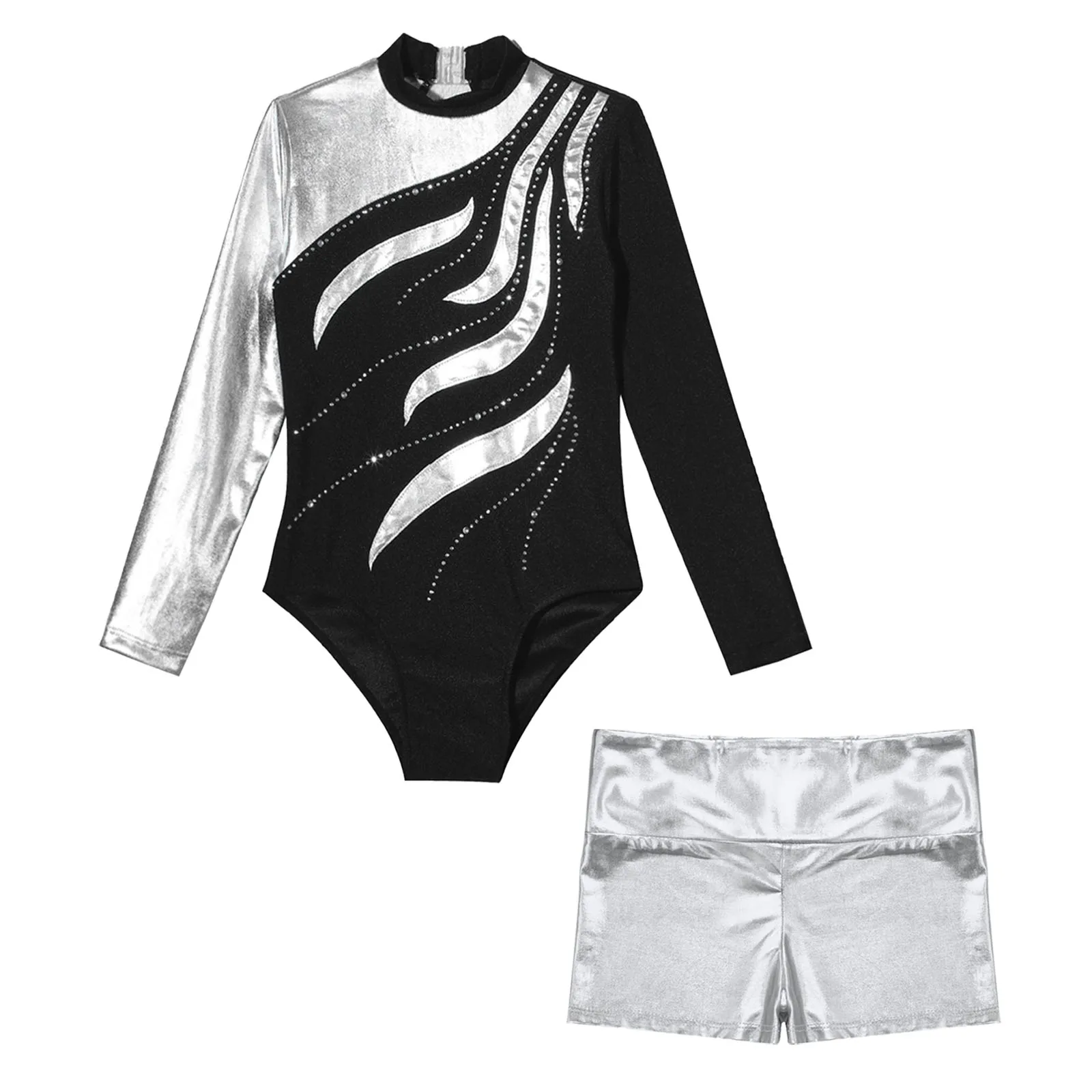 

Kids Girls Gymnastics Leotards Ballet Dancewear Shiny Metallic Long Sleeve Rhinestones Patchwork Leotard Bodysuit+Shorts Outfits