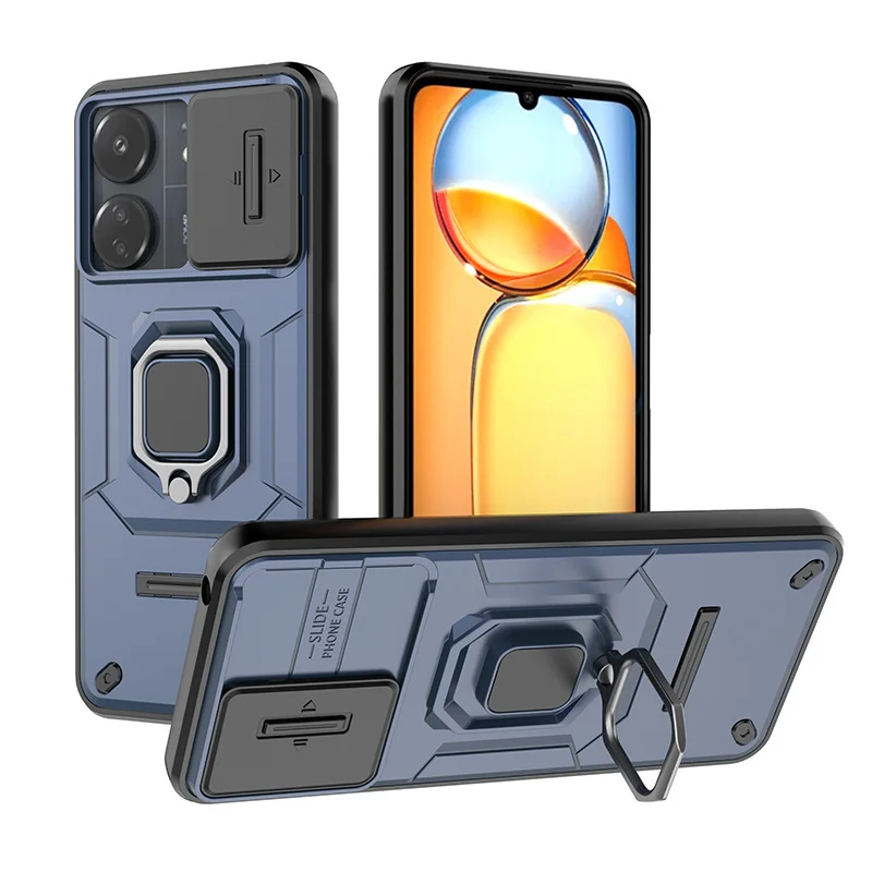 Enhanced Protective Armor Phone Case with Car Magnetic Ring Holder and Lens Protector - Red