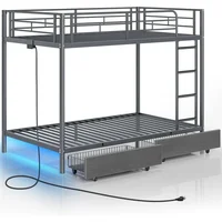Metal Bunk Bed Twin Over Twin with USB Charging Station LED Bunk Bed with 2 Storage Drawers, Bed with Safety Guardrail & Ladders 1
