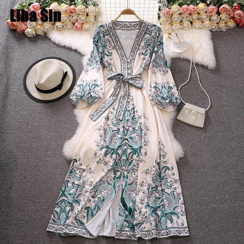 

Liba Sin Women European Snd American Dress Women Spring And Autumn Fashion Print Lantern Sleeve Slim Long Skirt Holiday Wear