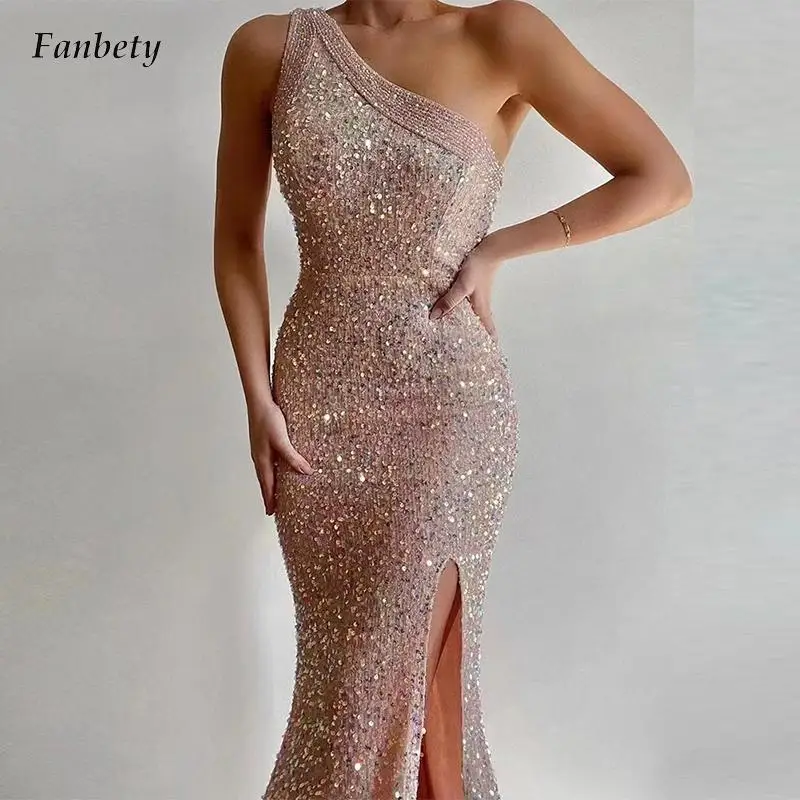 

Women Sexy One Shoulder Sleeveless Long Dress Elegant Glitter Sequin Solid Party Dress Fashion Hight Split Backless Maxi Dresses
