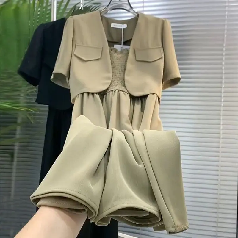 Fashionable Suit Short Sleeved Shirt Top Women's Summer French Suspender Dress Elegant and Slimming Suit Skirt