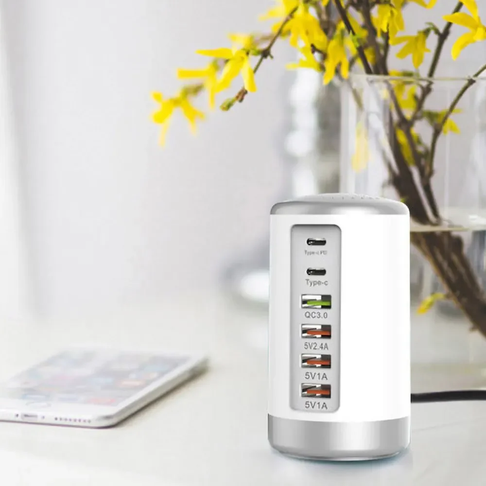 PSDA 2D 6-Port Desktop USB Charging Station 2 USB-C Ports QC3.0 Ports, PD 20W Fast Charger for iPhone 13 iPad Samsung Huawei