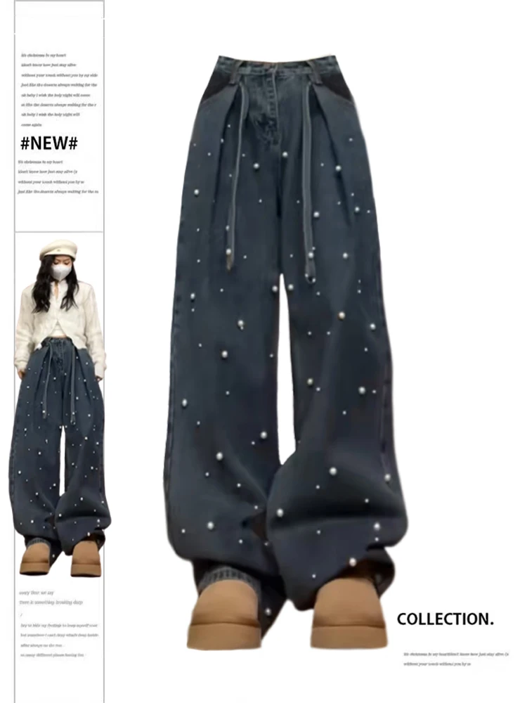 

Women Pearls Jeans Harajuku Y2k 90s Aesthetic Vintage Baggy Denim Trousers 2000s High Waist Wide Jean Pants Trashy Clothes 2024
