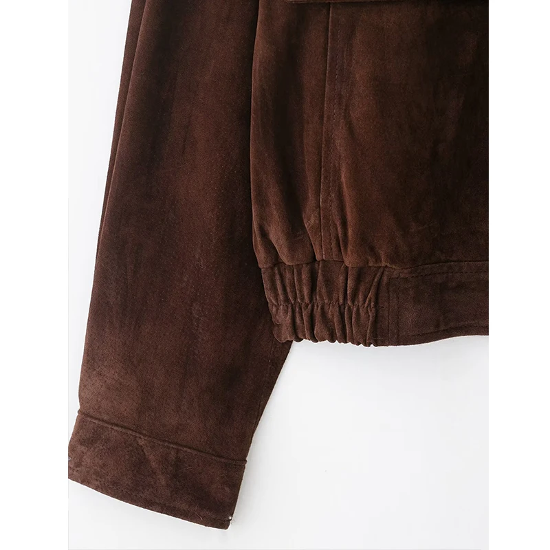 TFMLN Women' Pockets Suede Bomber  Jacket Long Sleeve Zipper Autumn Winter Stand Collar Short Coat 2025 Fashion Outerwear