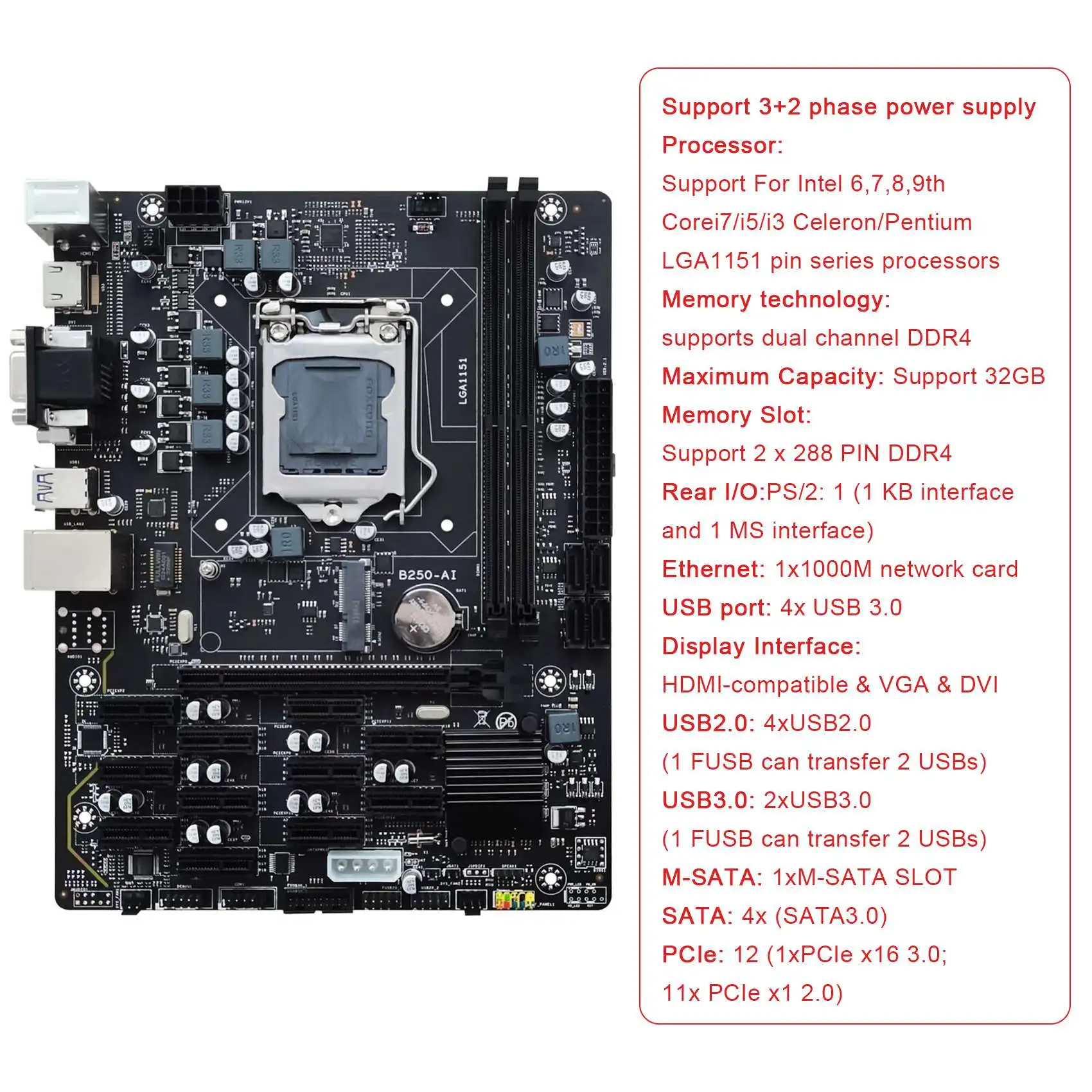 B250 V2.1 BTC Mining Motherboard+Thermal Pad 12XPCIE LGA1151 Dual Channel DDR4 MSATA USB3.0 B250 ETH Mining Motherboard