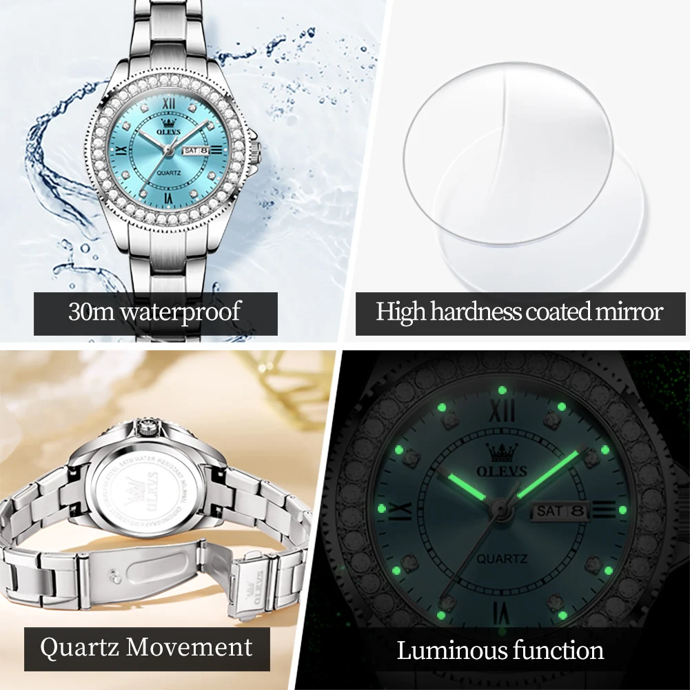 OLEVS Brand New Fashion Quartz Watch for Women Stainless Steel Waterproof Week Date Luxury Womens Watches Relogio Feminino