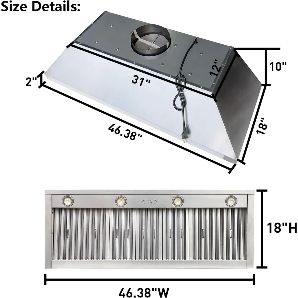 48 inch Built-in/Insert Range Hood 1150 CFM, Stainless Steel Under Cabinet Range Hood Kitchen Vent Hood with Liner 5