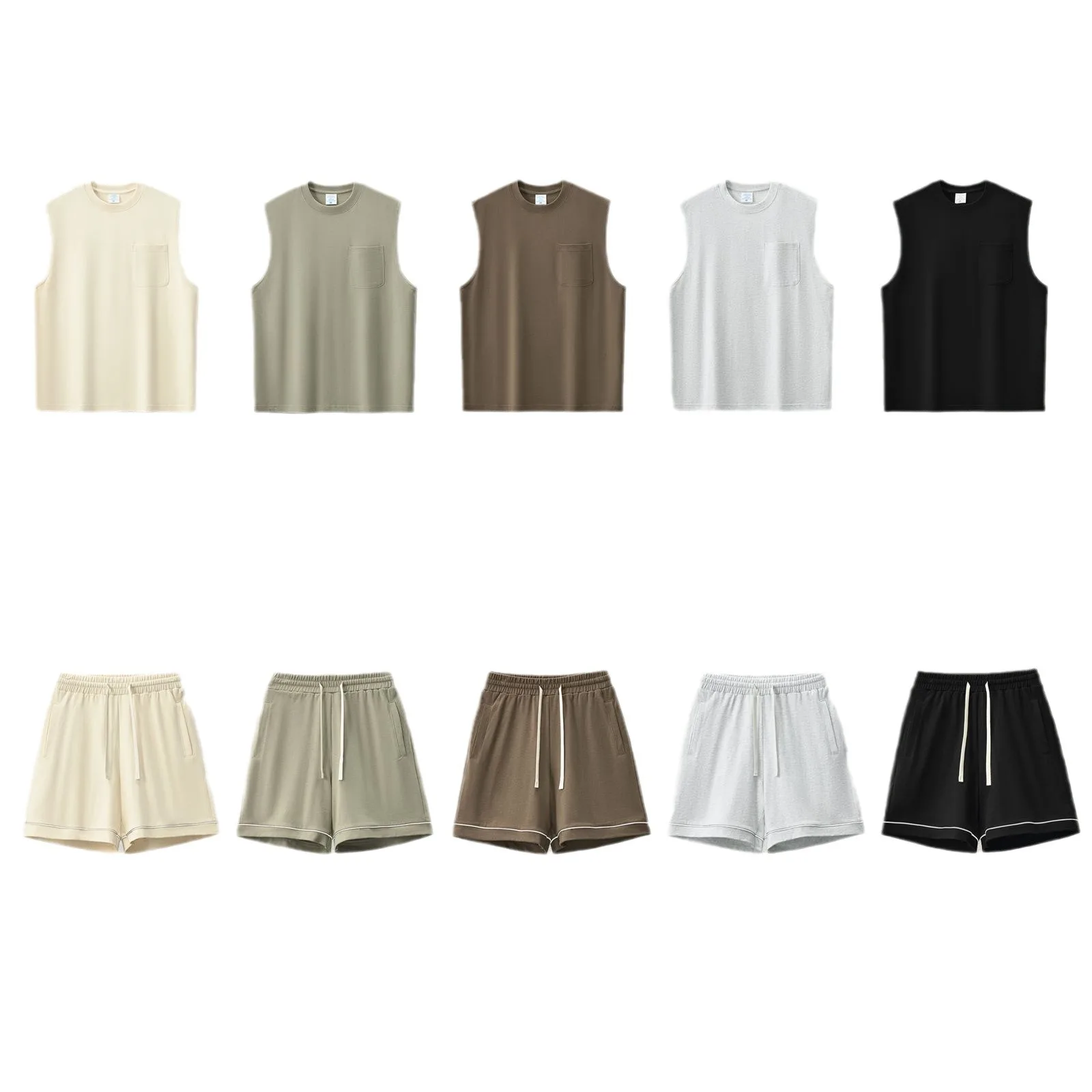 Men's Vest Shorts Set High Quality Summer New 310GSM Cotton Retro Heavyweight Tops Y2k Casual Solid Color Shorts Pants For Male