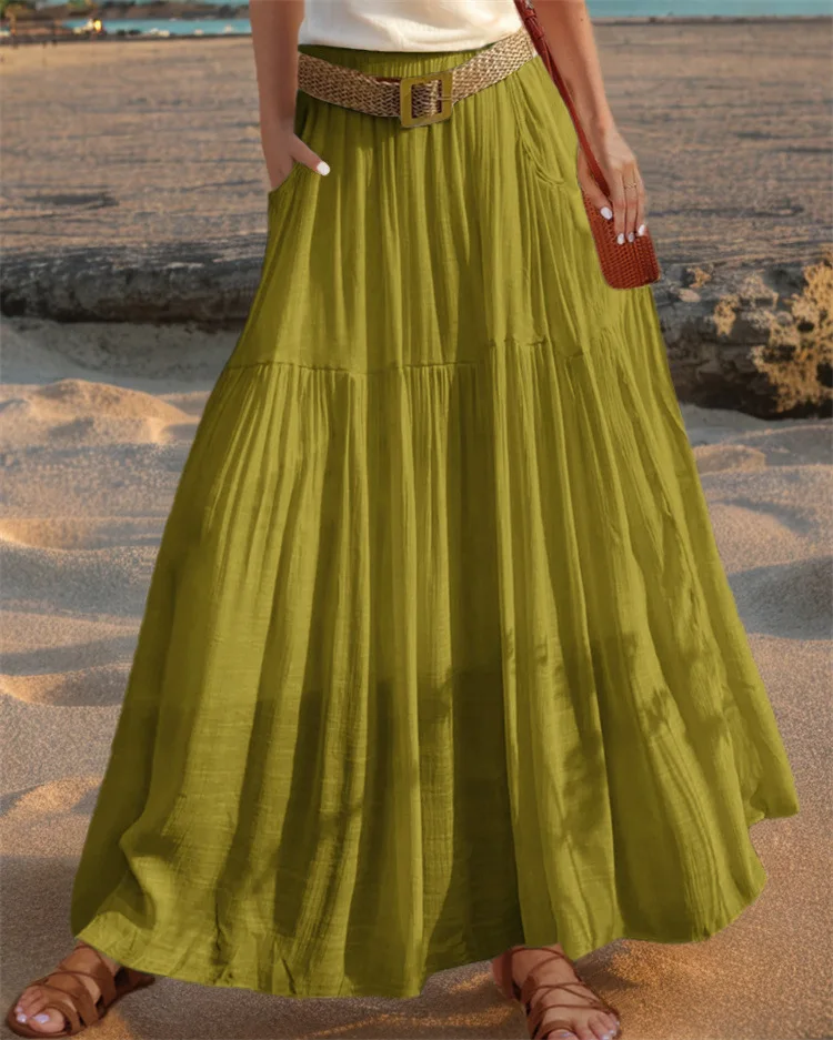 2026 Belted Hem A-line Solid Color Elastic Waist Skirt Women's Summer New Beach Vacation Commuting Camping All-match Long Skirt