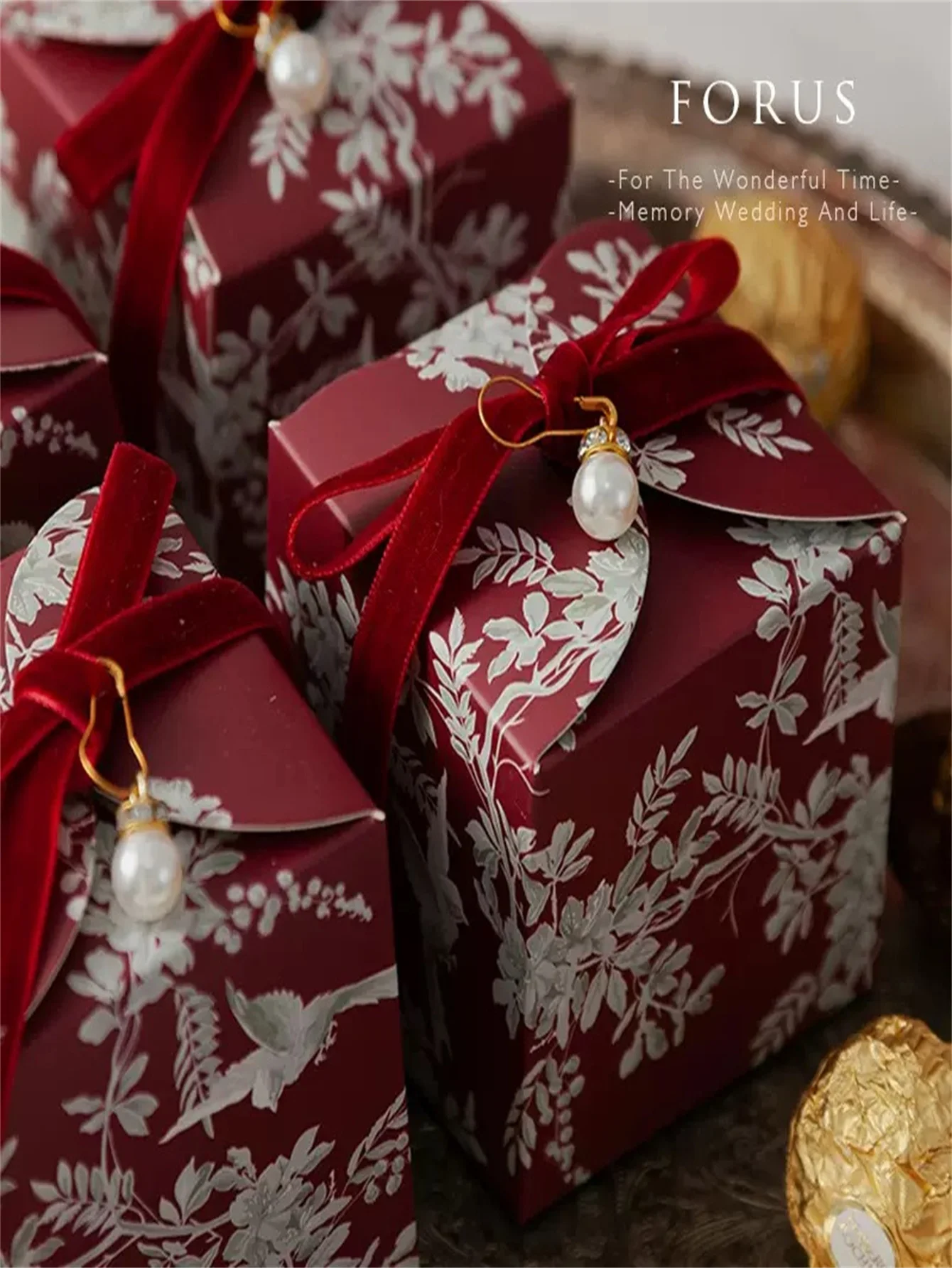 10 Stück elegante Blumen-Hochzeitsgeschenkbox mit Samtband und Perlendekoration – grünes Pflanzendesign, 2,75 x 2,75 x 2,75 Zoll, perfekt für Süßigkeiten, Schokolade und Partygeschenk, luxuriöse Geschenkbox | Retro-Blumendesign | Karton – Detail 9