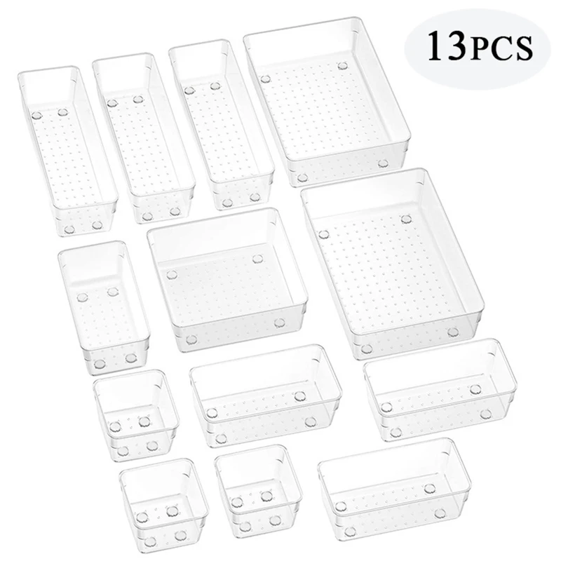 13 PCS Clear Drawer Organizers Set 5 Sizes Plastic Vanity Drawer