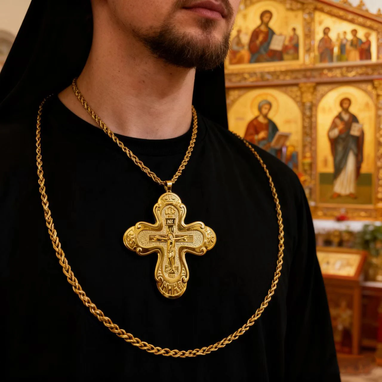 Neues 2026 Orthodoxes Brustkreuz, Orthodoxe Jesus-Halskette, Katholisches Kruzifix, Goldene Brustkreuz-Anhänger, Kreuzkette, Religiöser Schmuck – Detail 4