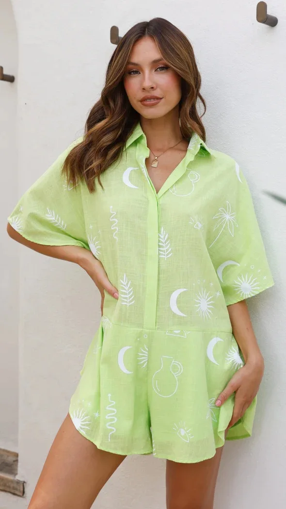 2024 Summer New Print Jumpsuits Women Fashion Loose Simple Style Short Bodysuits Casual Beach Holiday One Pieces Womans Clothing