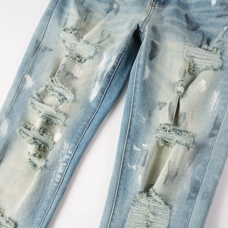 High Quality Ink Splash Patchwork Male Ripped Hole Design Stretchy Jean Hip Hop Style Trousers For Men Pantalon Vaqueros Hombre
