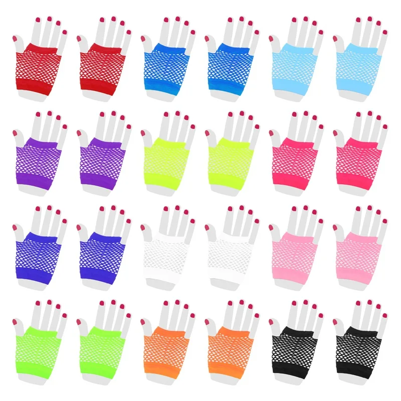 

11 Colors 80s Short Fingerless Fishnet Gloves Elastic Hollow Out Neon Mesh Wrist Gloves Mittens Halloween Party Costume