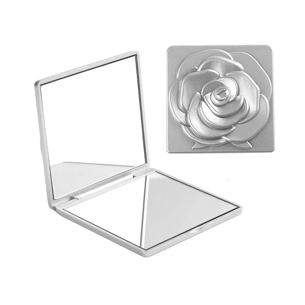 Mini Square Fold Makeup Mirror Rose Flower Compact Cosmetic Mirror Desktop Stand Mirror Double-sided ABS Vanity Mirror Lady/Girl