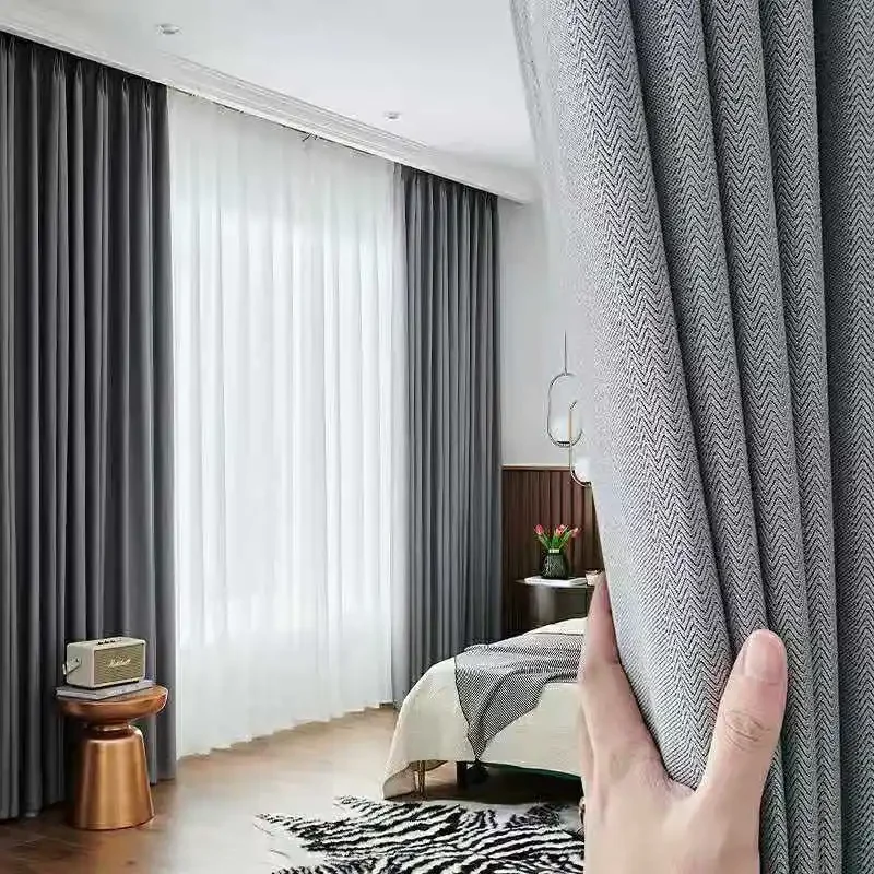 

Simple Modern Style Herringbone Curtains Solid Color Blackout Soft Furnishings Custom Curtains for Living Dining Room Bedroom