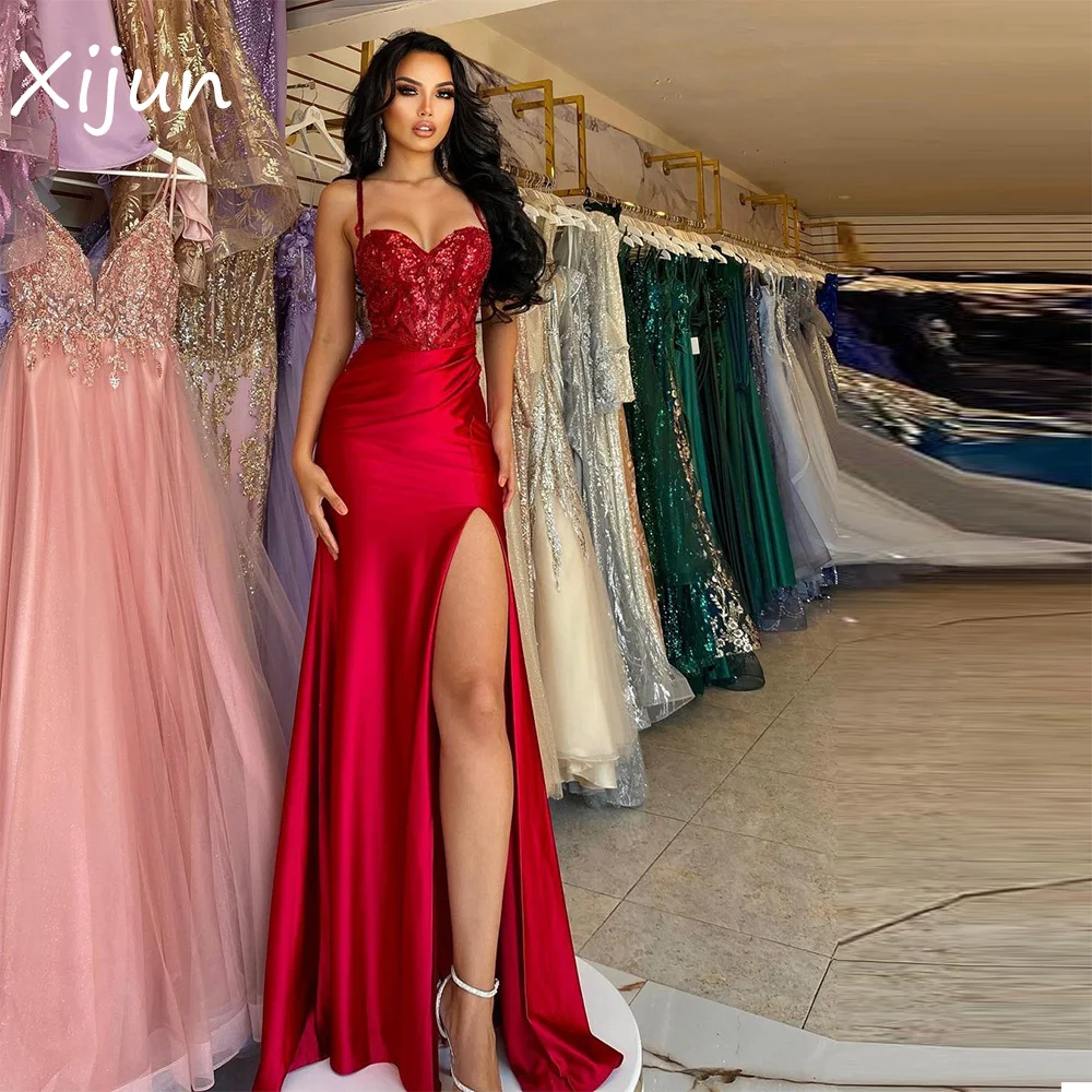 

Xijun Red Mermaid Evening Dresses Lace Appliques High Side Split Pleat Ruched Prom Dress Formal Party Gowns vestidos de noche