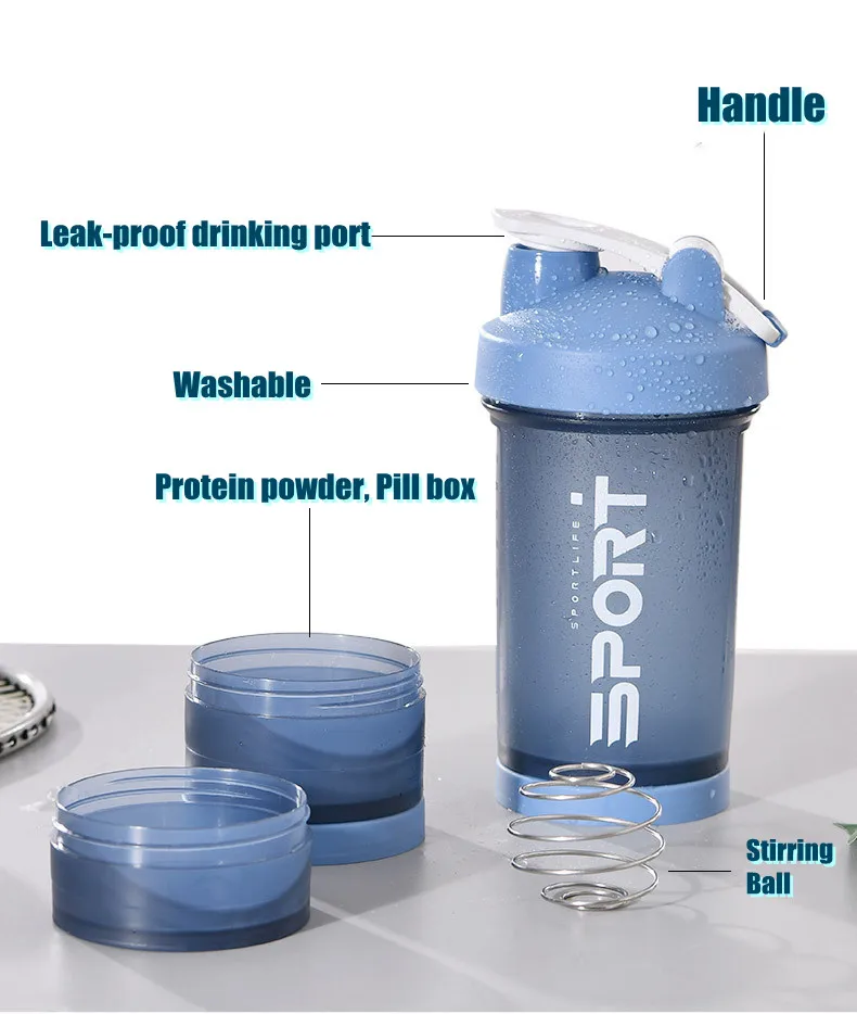 VECH Protein Shaker Bottles with Powder Storage, 500ml Gym Sports Bottle for Protein Mixes Leak Proof Insulated Shaker Cups Without Blending Ball