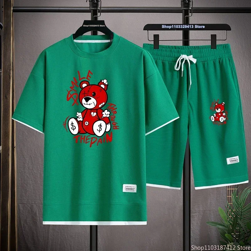

Men's Breathable Fashionable Short-sleeved T-shirt Shorts Waffle Suit Outdoor Fitness Daily Two-piece Set Summer Hot Sale M-3XL