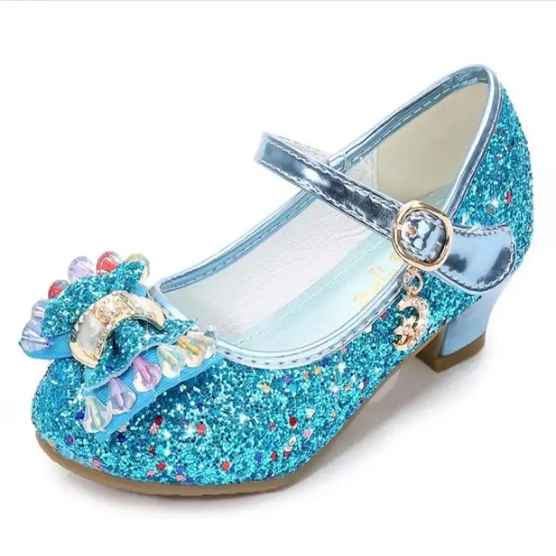 Girls Leather Shoes Princess Shoes Children round-Toe Soft-Sole Big girls High Heel Princess Crystal Single