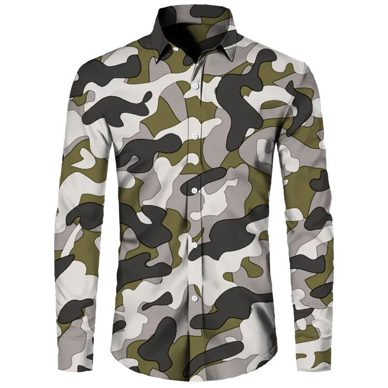 thumbnail image 1 of Camisa de primavera y otoño más nueva para hombre, camiseta de manga larga con estampado 3D de camuflaje, camisa informal con cuello vuelto y botones, camiseta para hombre y mujer, 1 of 4