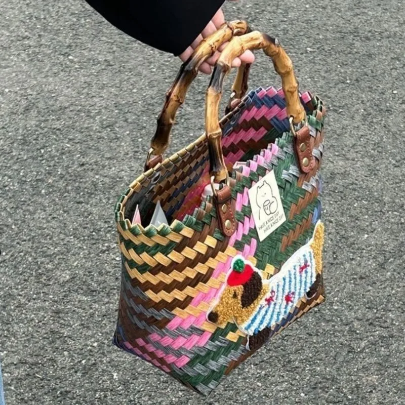 JIAERDI Retro Cute Dachshund Tote Bag Women Cartoon Embroidered Dog Fun Handbag Ladies Casual Large Capacity Woven Market Bag