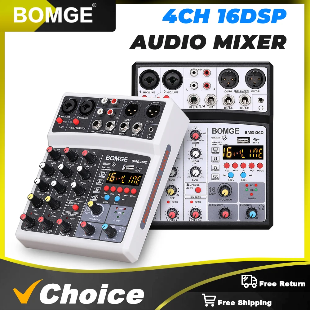 Audio Mixer 4 Channels Audio Sound Mixer Mixing DJ Console USB 48V Phantom Power 16 DSP Effects