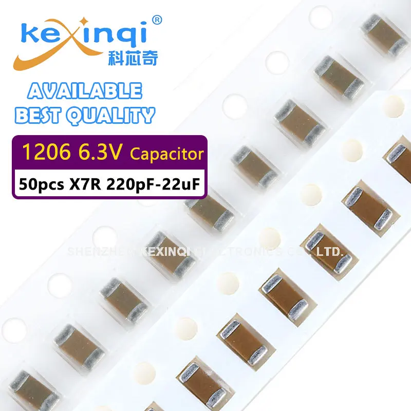 

50 шт., многослойный керамический конденсатор 1206 6,3 В X7R SMD, 220pF-22uf 330pF 470pF 680pF 1.0nF 1.5nF 2.2nF 3.3nF 4.7nF 6.8nF 10nF