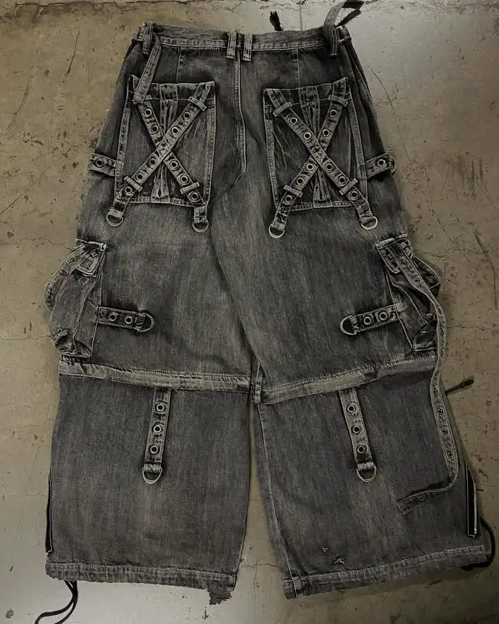 Mens Jeans Streetwear Vintage Heavy Duty Y2K Hip Hop Multi Pockets Distressed Washed Ripped Loose Oversized Wide Leg Pants