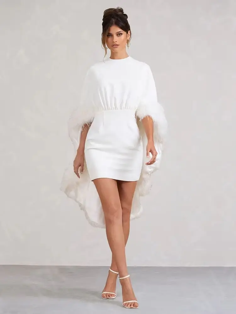Customized Classic Ivory Cocktail Dresses 2025 Feathers Homecoming Dress with Cape High Low Prom Party Gowns 3/4 Sleeves On Sale - Image 5