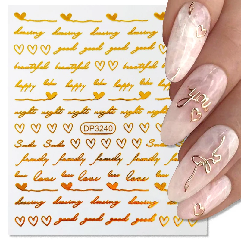 

1 лист 3D наклейки для ногтей розовое золото волнистые линии сердце самоклеящиеся слайдеры наклейки для ногтей Серебряная Сияющая Звезда Маникюр украшение
