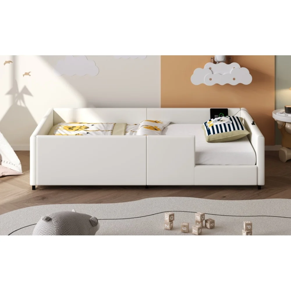 90 x 200 cm modernes gepolstertes Plattformbett mit Geländer und Ladestation, gepolstertes Geländer, stabile Konstruktion, für Schlafzimmer, weiß – Detail 9