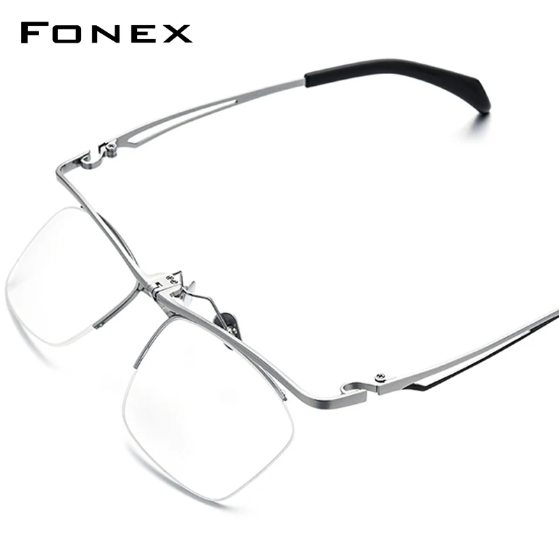 FONEX Titanium Glasses Frame Men Flip-up Semi-Rimless Square