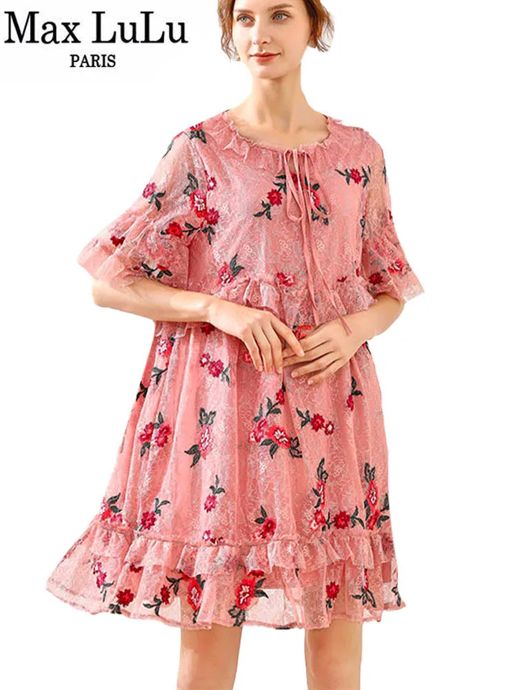 

Max LuLu European Style Fashion Clothing Womens Summer Sexy Lace Embroidery Dresses Loose Vintage O-Neck Floral Leisure Vestidos