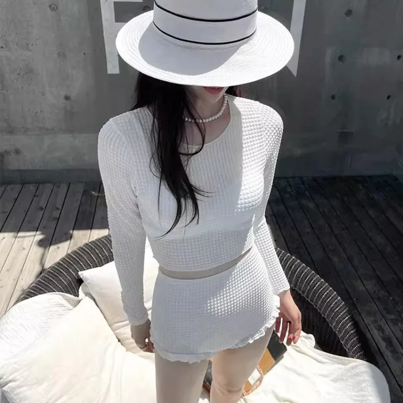 Women's Long Sleeve Conservative Swimsuit Sexy Slim High Waist Tummy Control Fashion Textured Waffle Bathing Suit New Arrival 6