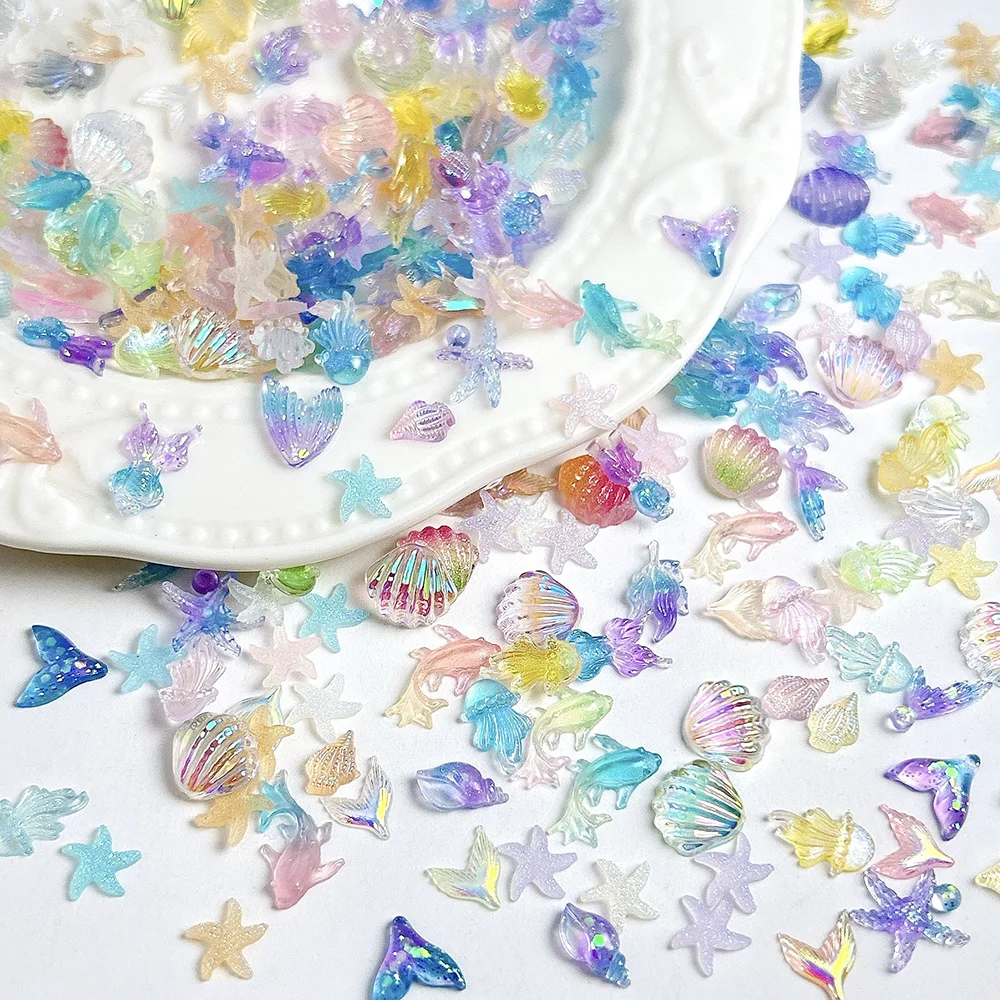 50개 3D 무지개빛 여름 바다 네일 참 장식 믹스 쉘 해파리 불가사리 네일 아트 데코레이션 DIY 비치 매니큐어 액세서리