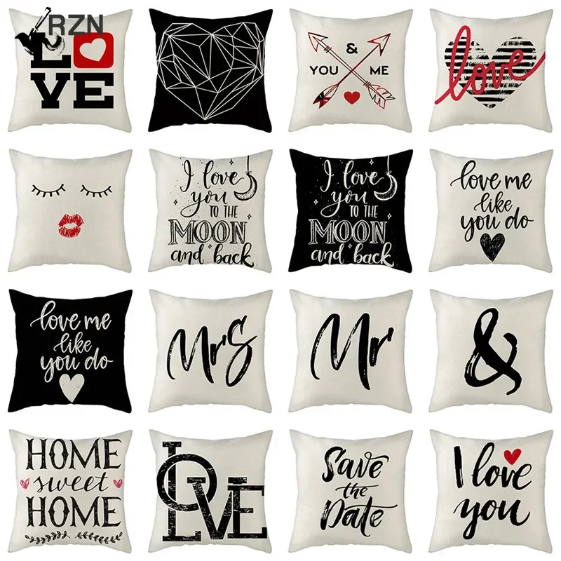 

I Love You Words Cushion Cover Valentine's Day Linen Pillow Cover for Home Sofa Decorative Mr & Mrs Letter Pillowcase