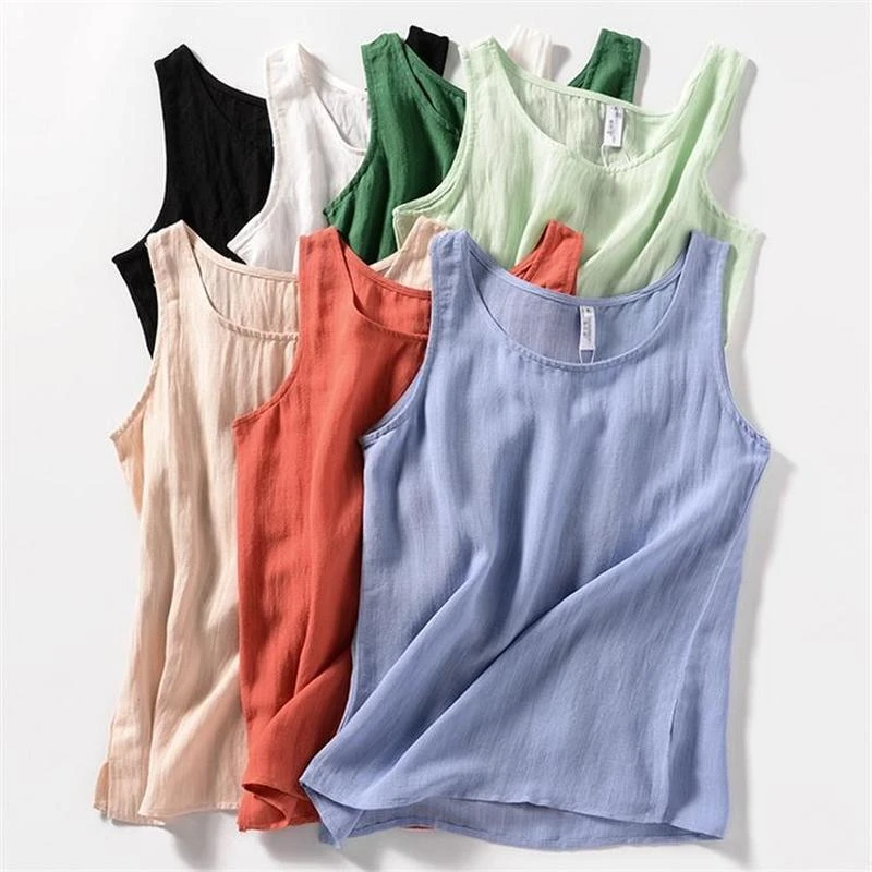 Women Tanks Camis Cotton and Linen Women's Shirt Summer Top O Neck Green Solid Color Loose Sleeveless Blouse Tops Women 2022 green cami